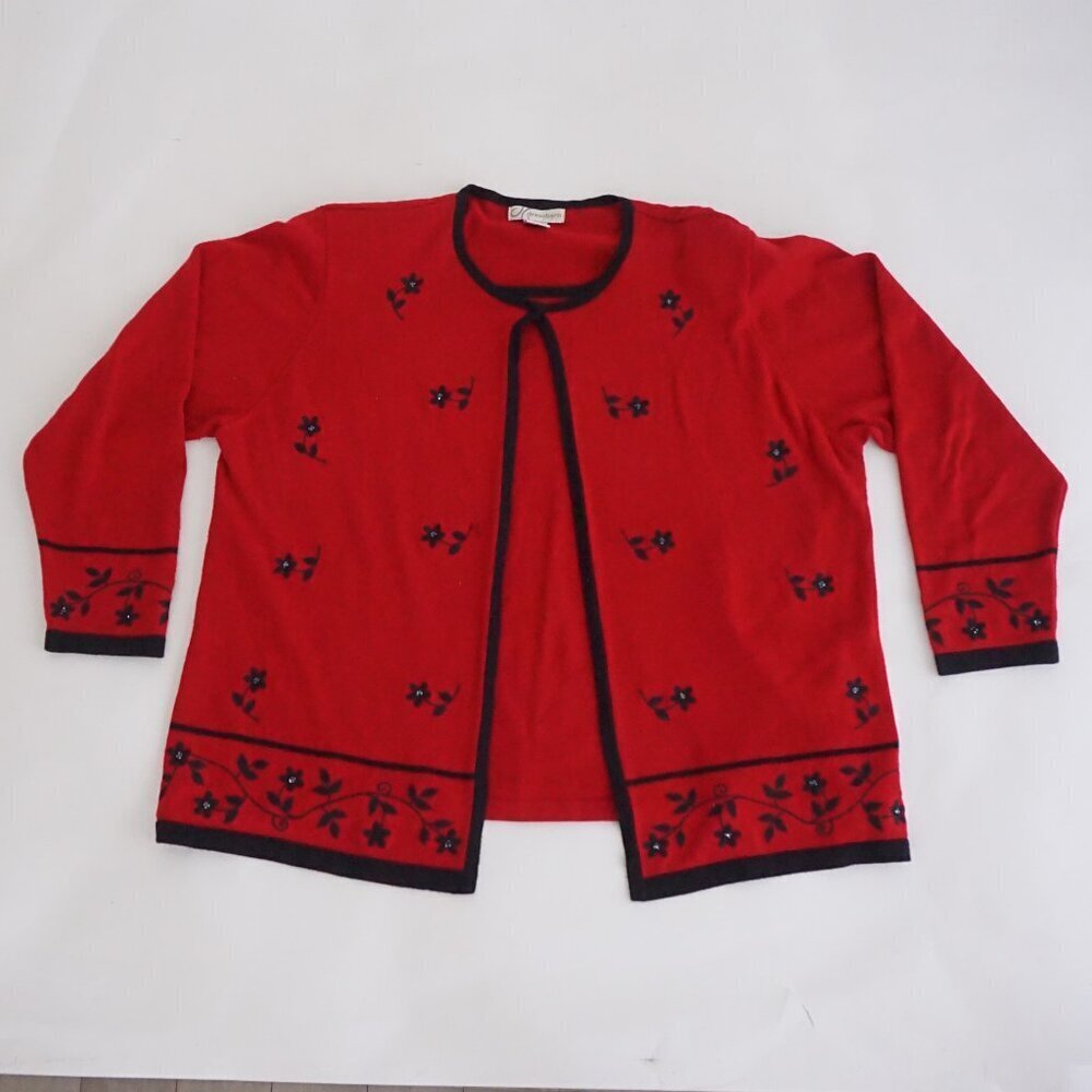 VTG Dressbarn Red Embroidered Floral Tie Front Romantic Cottagecore Cardigan 18